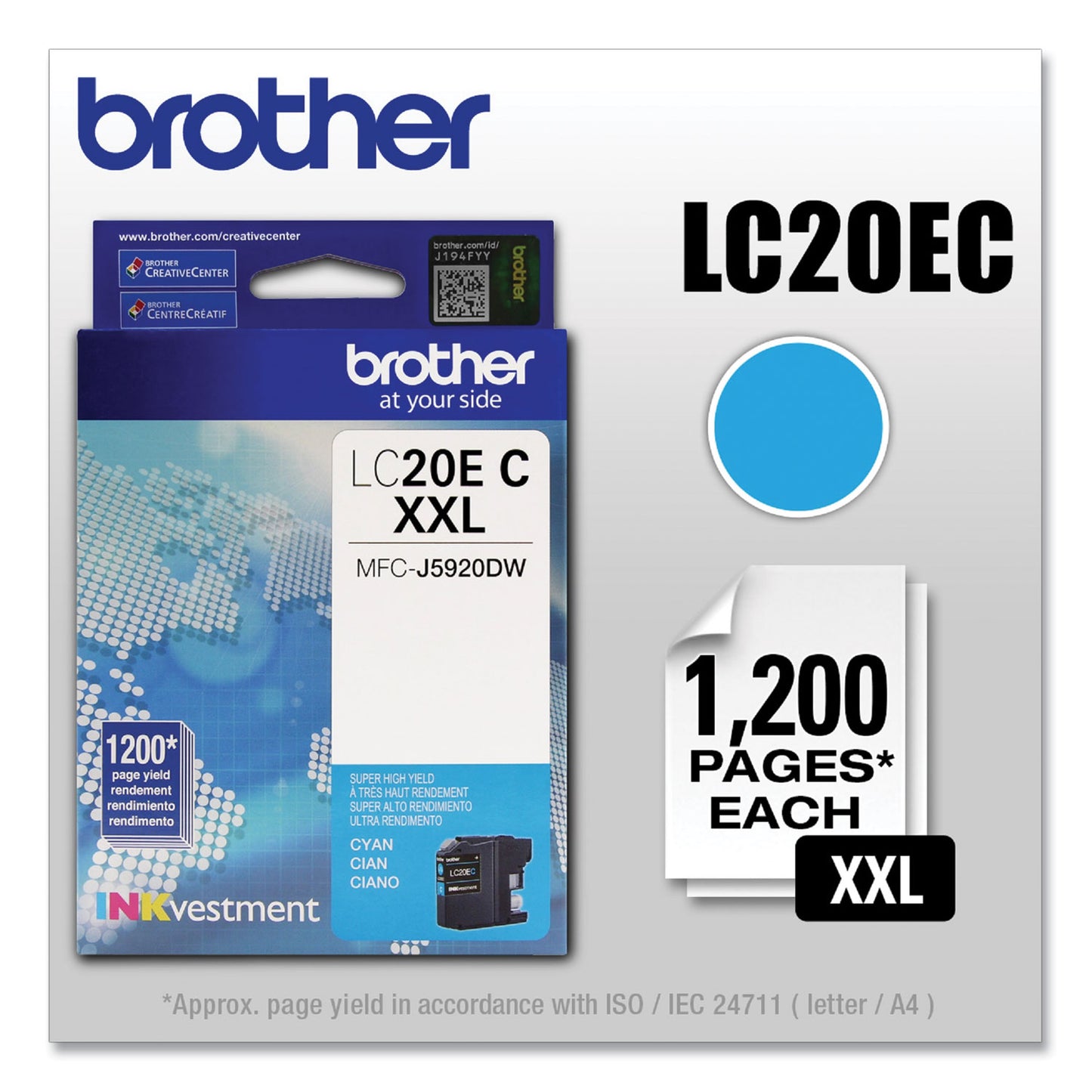 Brother LC20EC INKvestment Super High-Yield Ink, 1,200 Page-Yield, Cyan