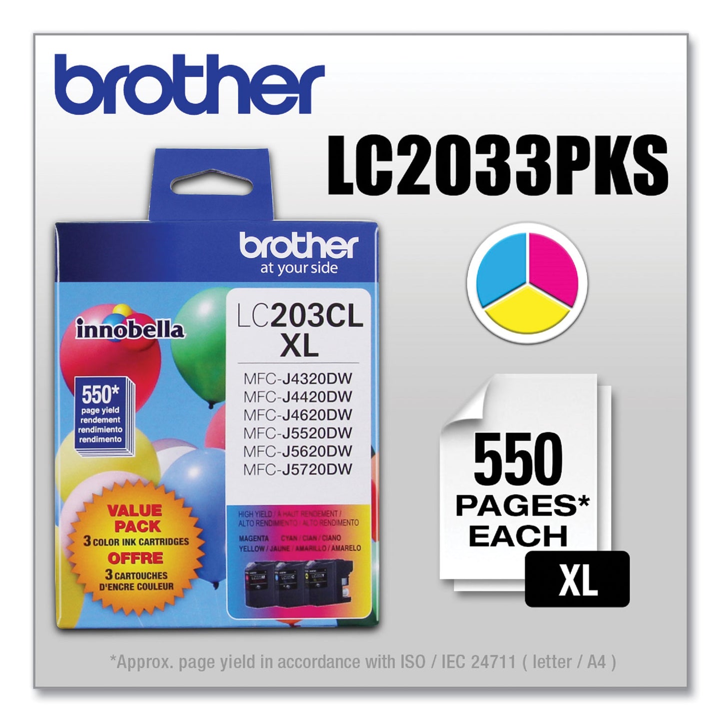 Brother LC2033PKS Innobella High-Yield Ink, 550 Page-Yield, Cyan/Magenta/Yellow