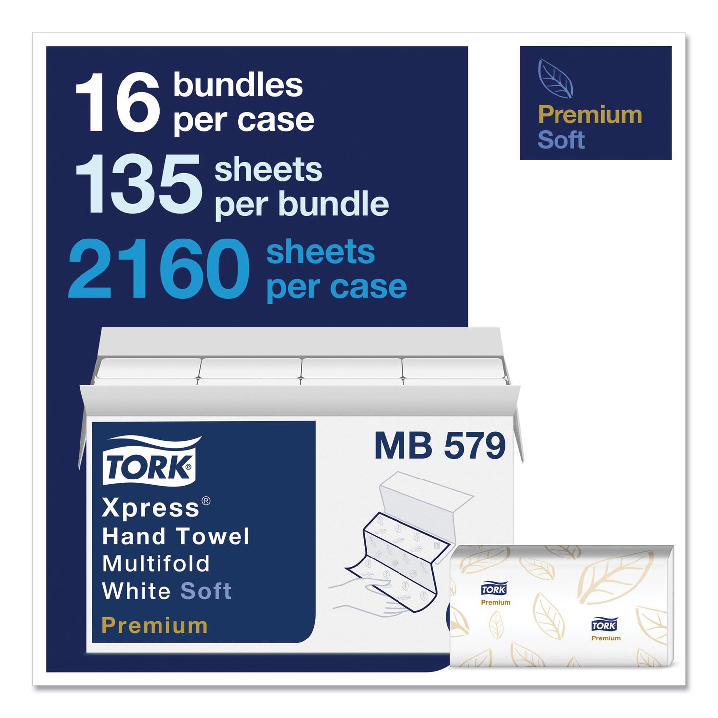 Tork Premium Soft Xpress 3-Panel Multifold Hand Towels, 2-Ply, 9.13 x 9.5, White with Blue Leaf, 135/Packs, 16 Packs/Carton (MB579)