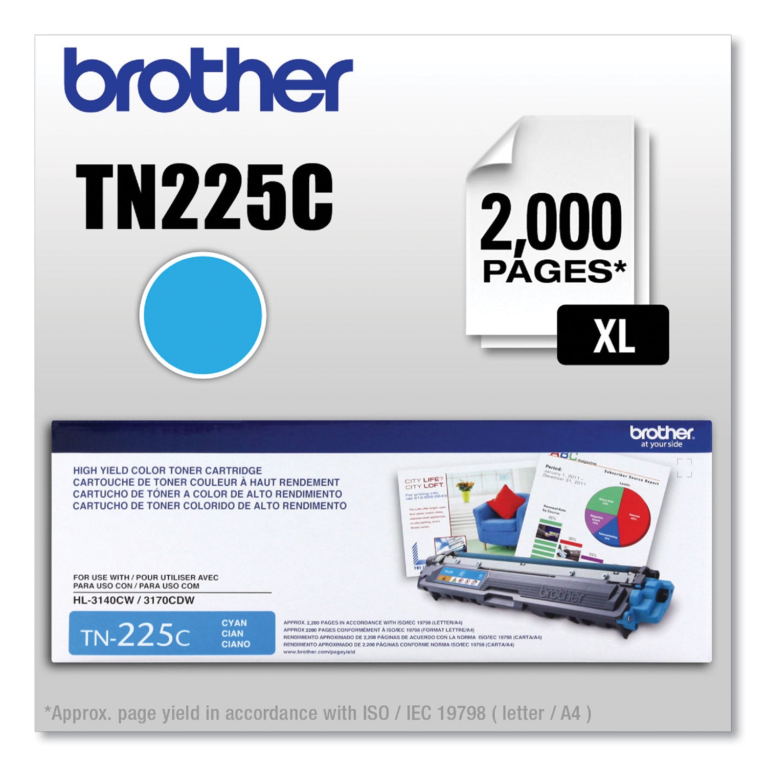 Brother TN225C High-Yield Toner, 2,200 Page-Yield, Cyan