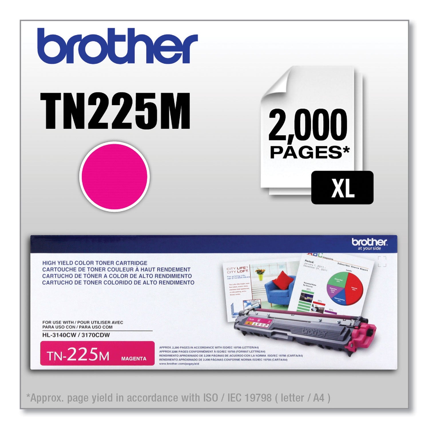 Brother TN225M High-Yield Toner, 2,200 Page-Yield, Magenta