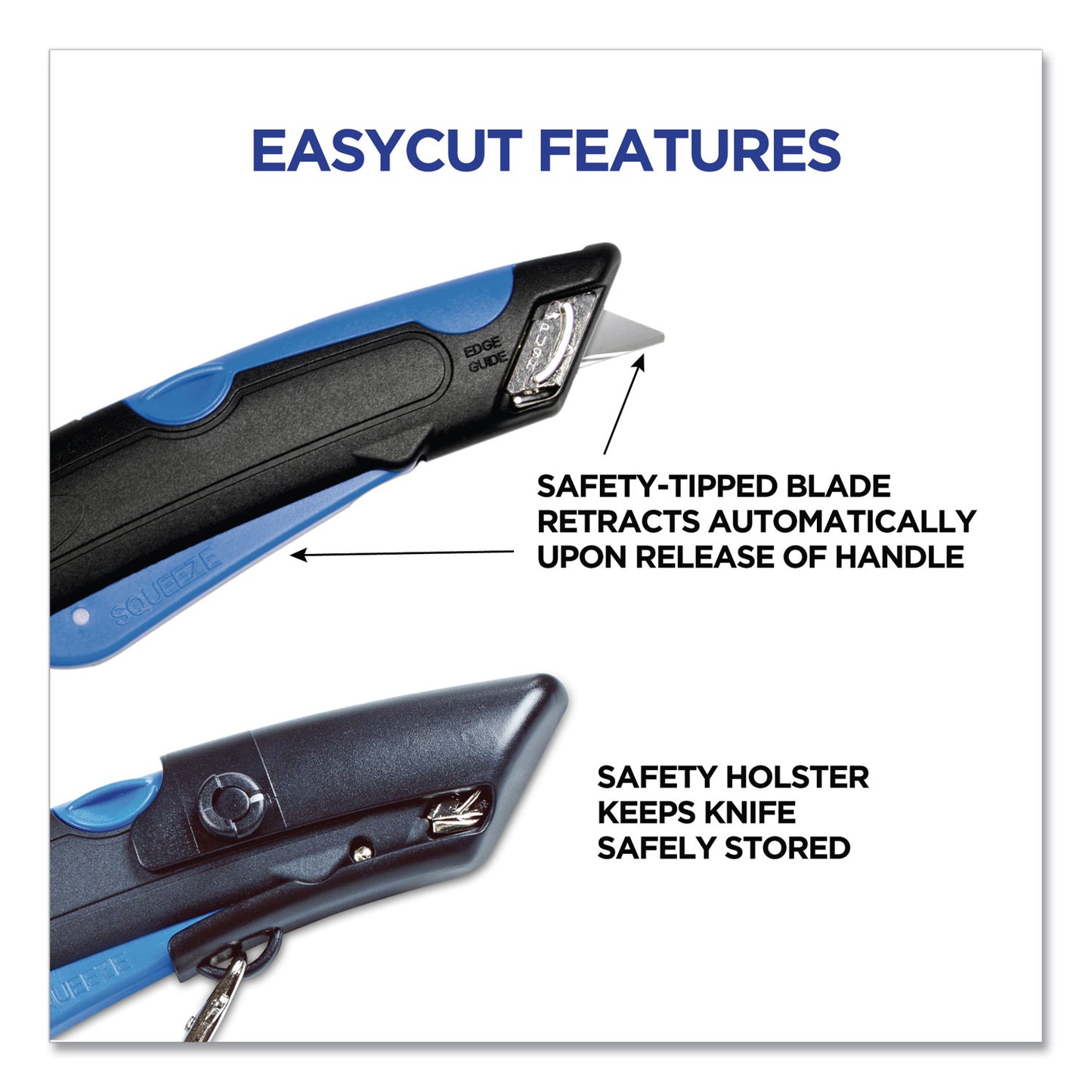 COSCO Easycut Self-Retracting Cutter with Safety-Tip Blade, Holster and Lanyard, 6" Plastic Handle, Black/Blue (091524)