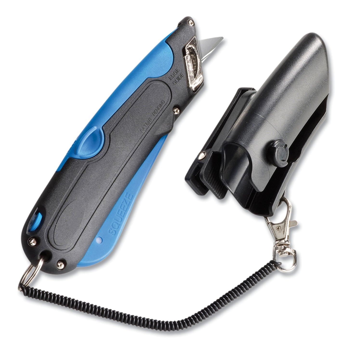 COSCO Easycut Self-Retracting Cutter with Safety-Tip Blade, Holster and Lanyard, 6" Plastic Handle, Black/Blue (091524)