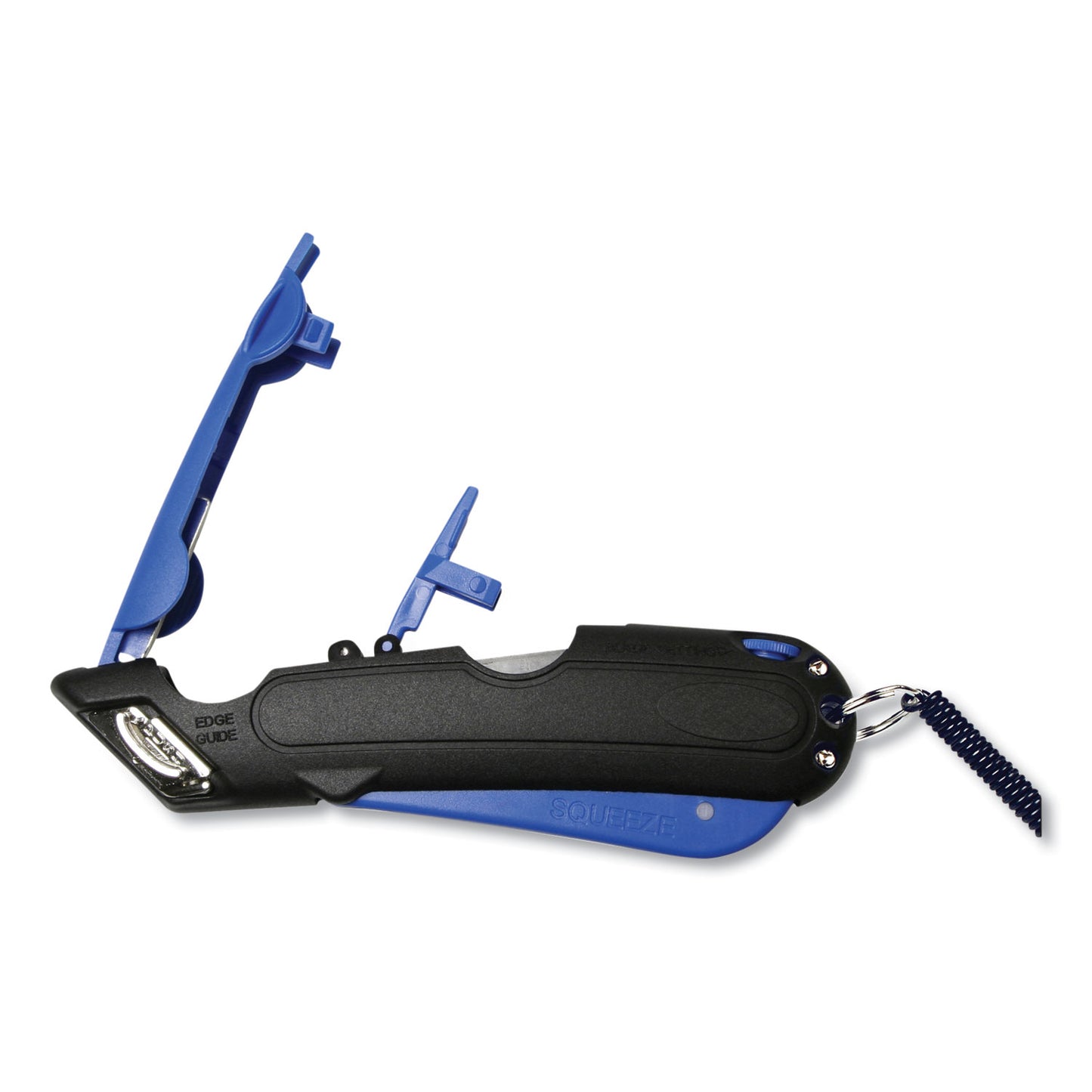 COSCO Easycut Self-Retracting Cutter with Safety-Tip Blade, Holster and Lanyard, 6" Plastic Handle, Black/Blue (091524)