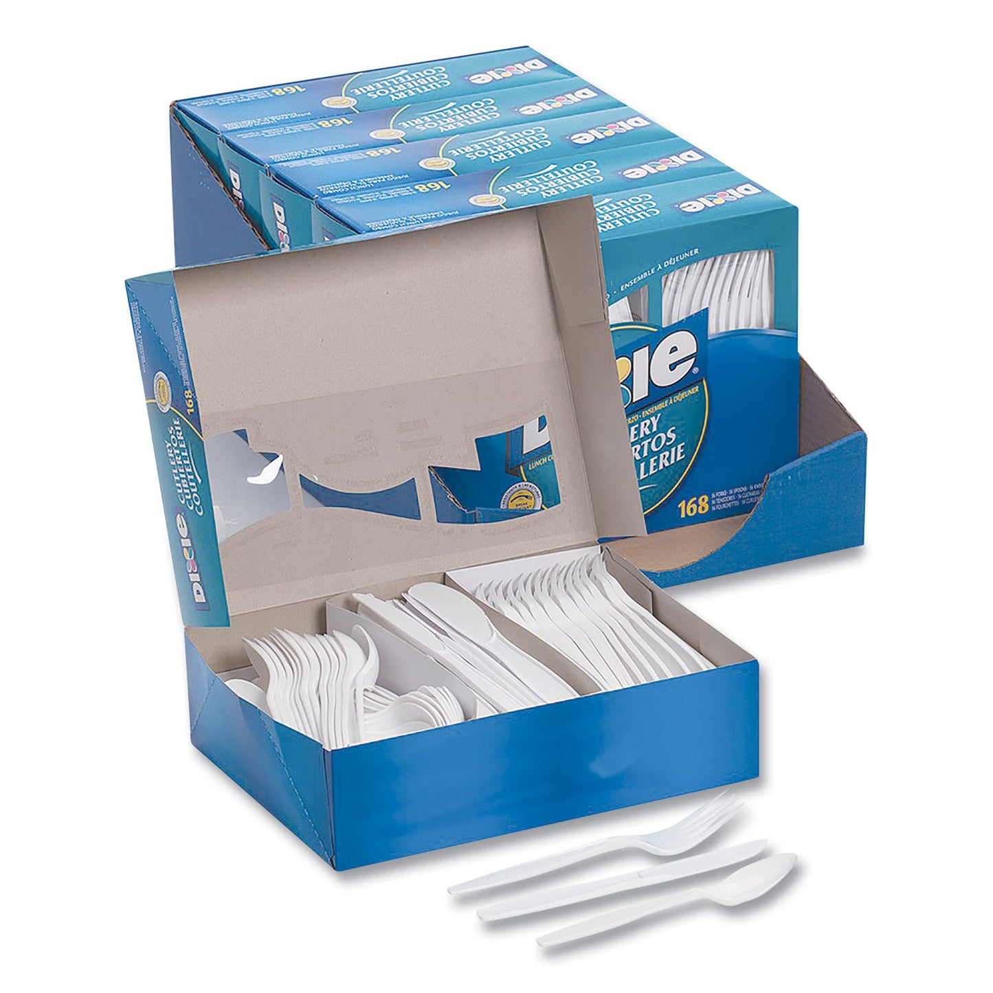 Dixie Combo Pack, Tray with White Plastic Utensils, 56 Forks, 56 Knives, 56 Spoons, 6 Packs (CM168CT)