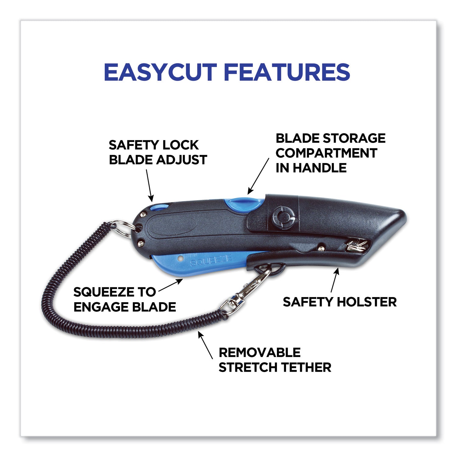 COSCO Easycut Self-Retracting Cutter with Safety-Tip Blade, Holster and Lanyard, 6" Plastic Handle, Black/Blue (091524)