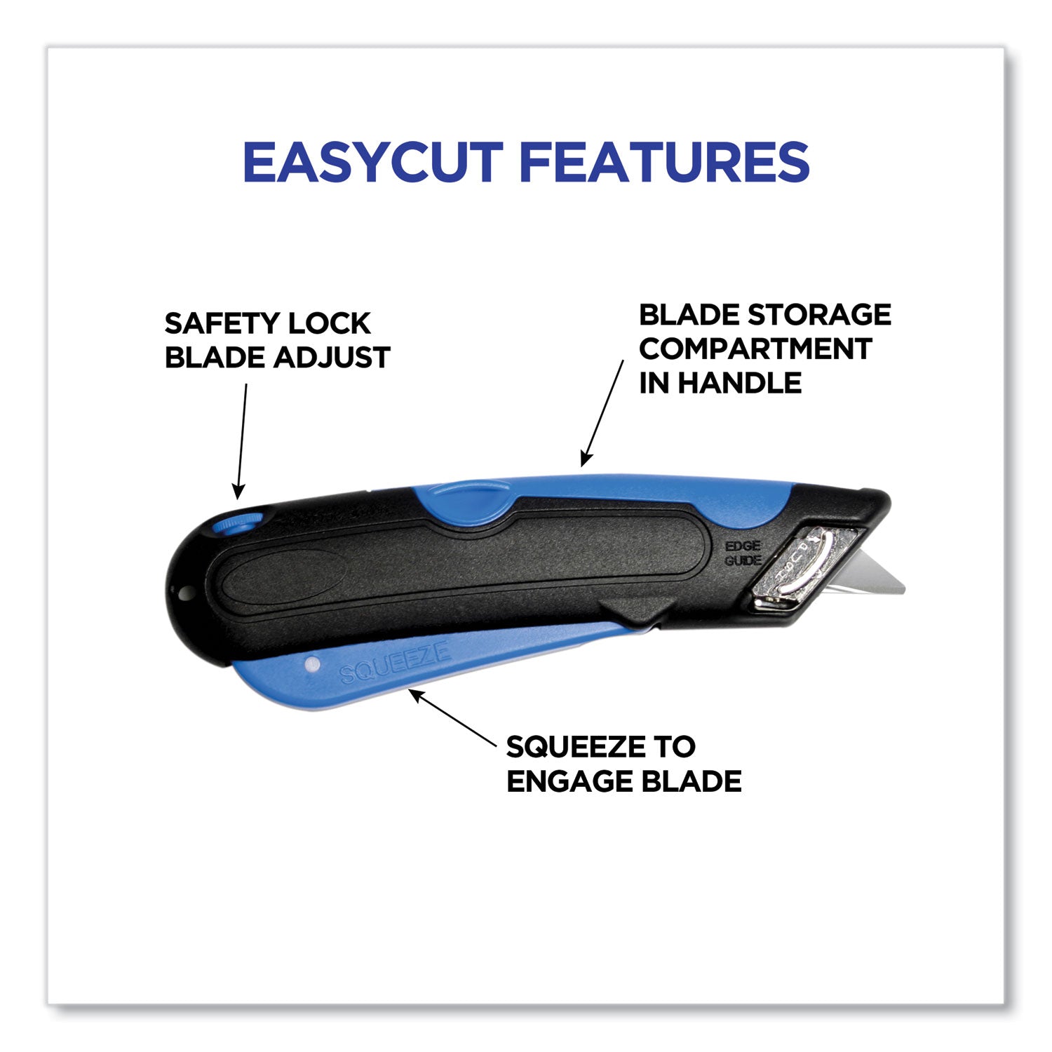 COSCO Easycut Cutter Knife w/Self-Retracting Safety-Tipped Blade, 6" Plastic Handle, Black/Blue (091508)