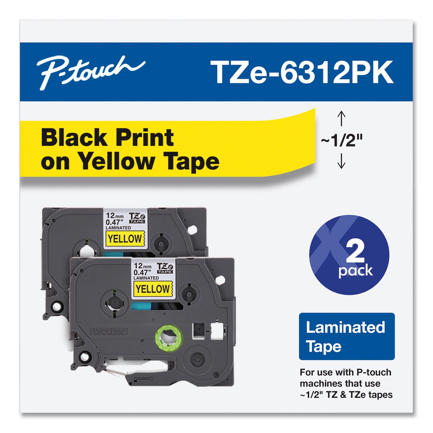 Brother TZe Standard Adhesive Laminated Labeling Tape, 0.47" x 26.2 ft, Black on Yellow, 2/Pack (TZE6312PK)