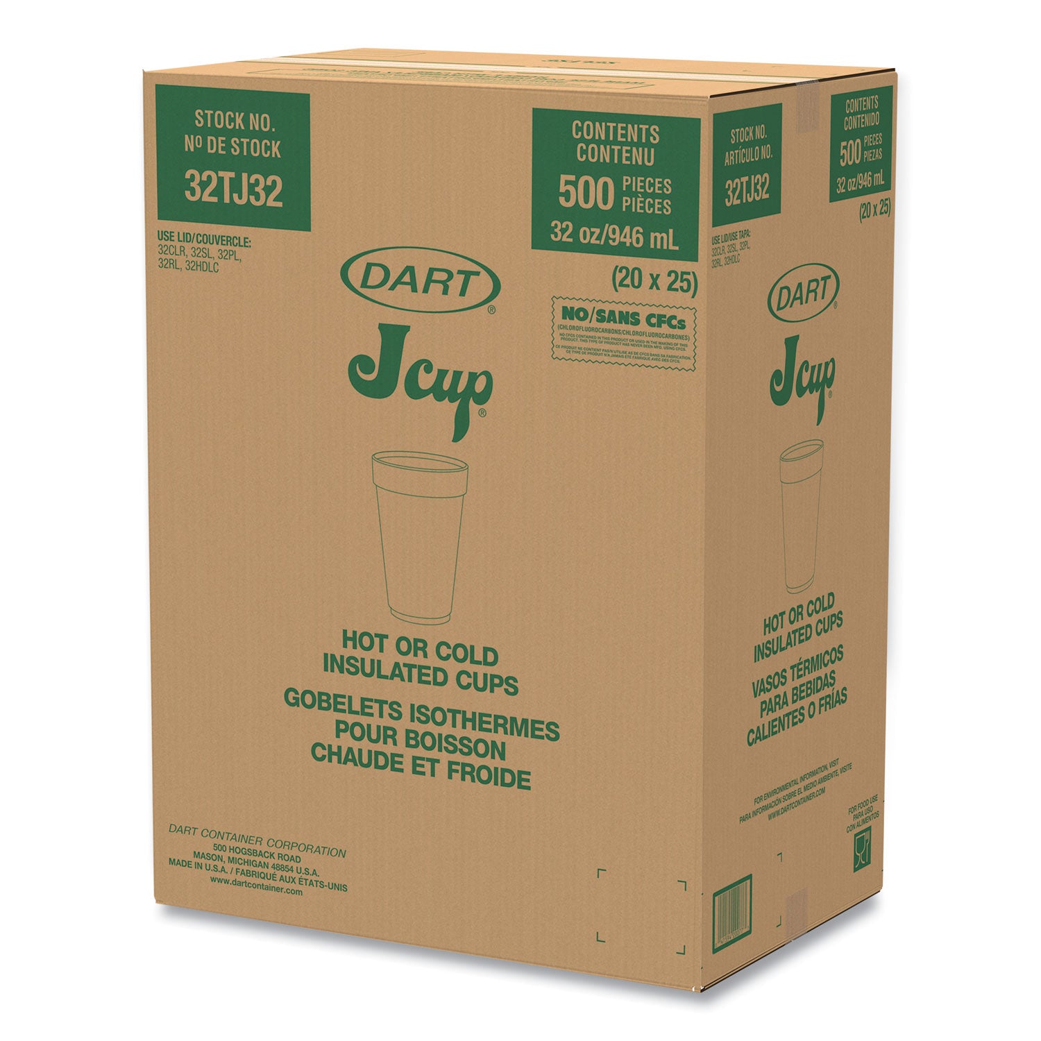 Dart Foam Drink Cups, 32 oz, White, 25/Bag, 20 Bags/Carton (32TJ32)