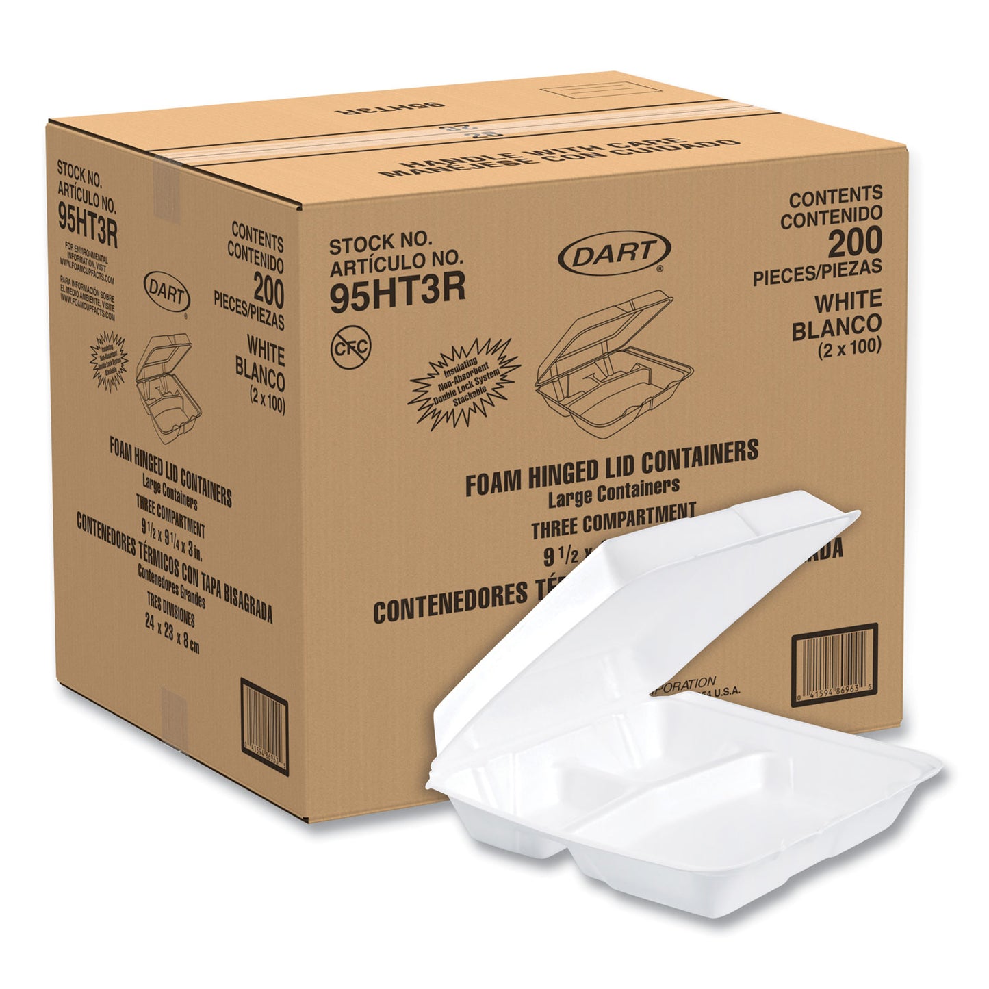 Dart Foam Hinged Lid Containers, 3-Compartment, 9.25 x 9.5 x 3, White, 200/Carton (95HT3R)