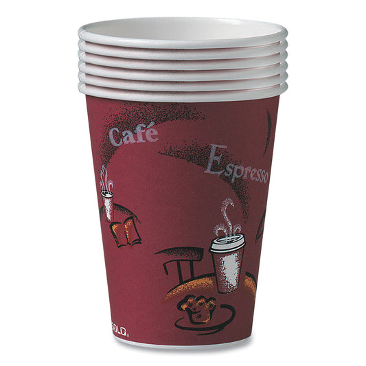 SOLO Paper Hot Drink Cups in Bistro Design, 12 oz, Maroon, 300/Carton (OF12BI0041)