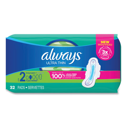 Always Ultra Thin Pads with Wings, Size 2, Long, Super Absorbent, 32/Pack, 3 Packs/Carton (97020)