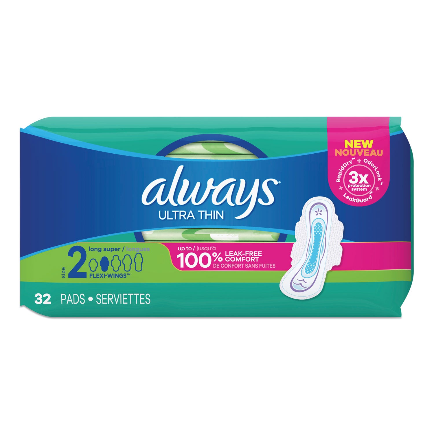 Always Ultra Thin Pads with Wings, Size 2, Long, Super Absorbent, 32/Pack (97020PK)