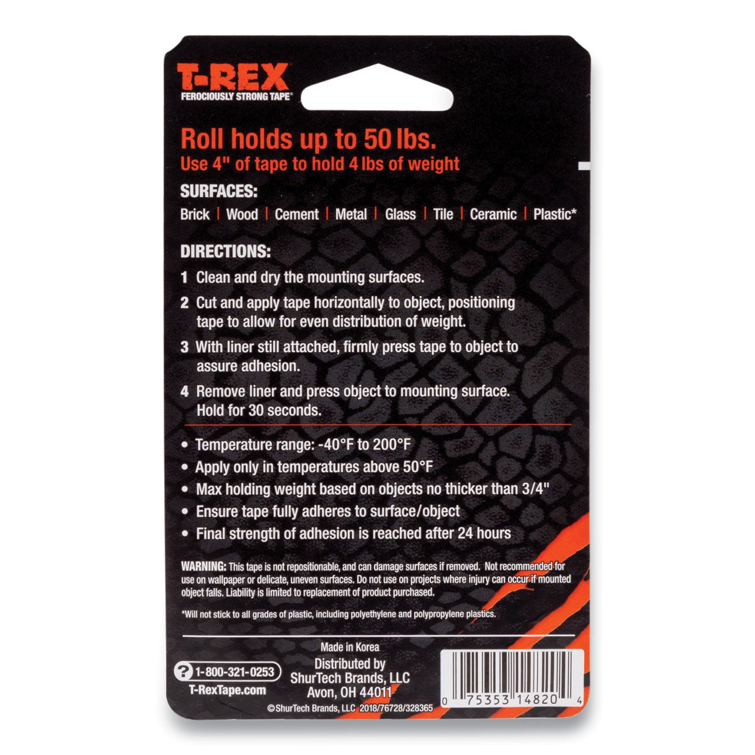 T-Rex Extreme Hold Mounting Tape, 1.5" Core, 1" x 1.66 yds, Black (285337)