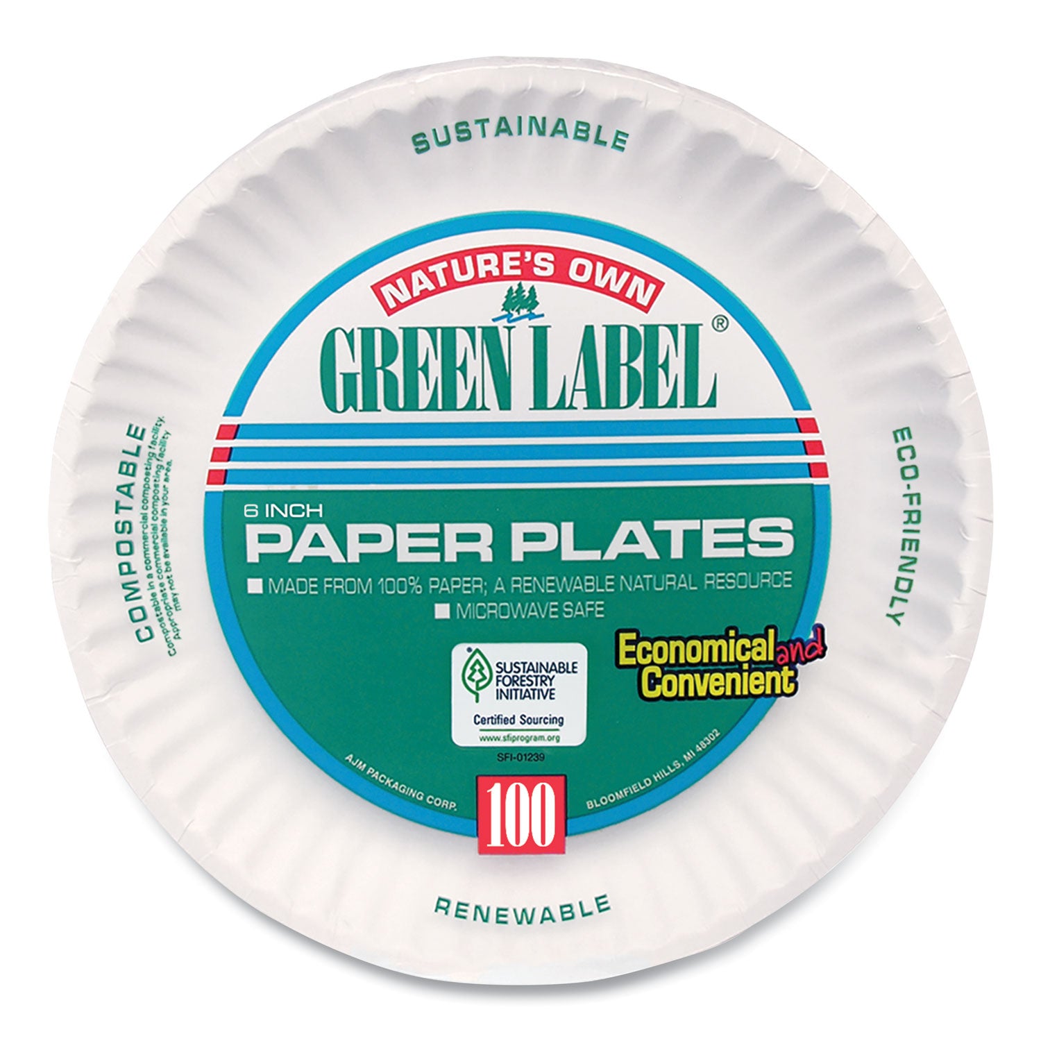 AJM White Paper Plates, 6" dia, 100/Pack, 10 Packs/Carton (PP6GREWH)