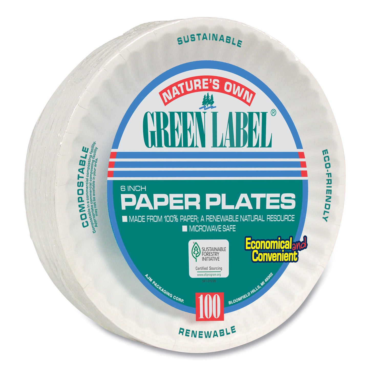 AJM White Paper Plates, 6" dia, 100/Pack, 10 Packs/Carton (PP6GREWH)