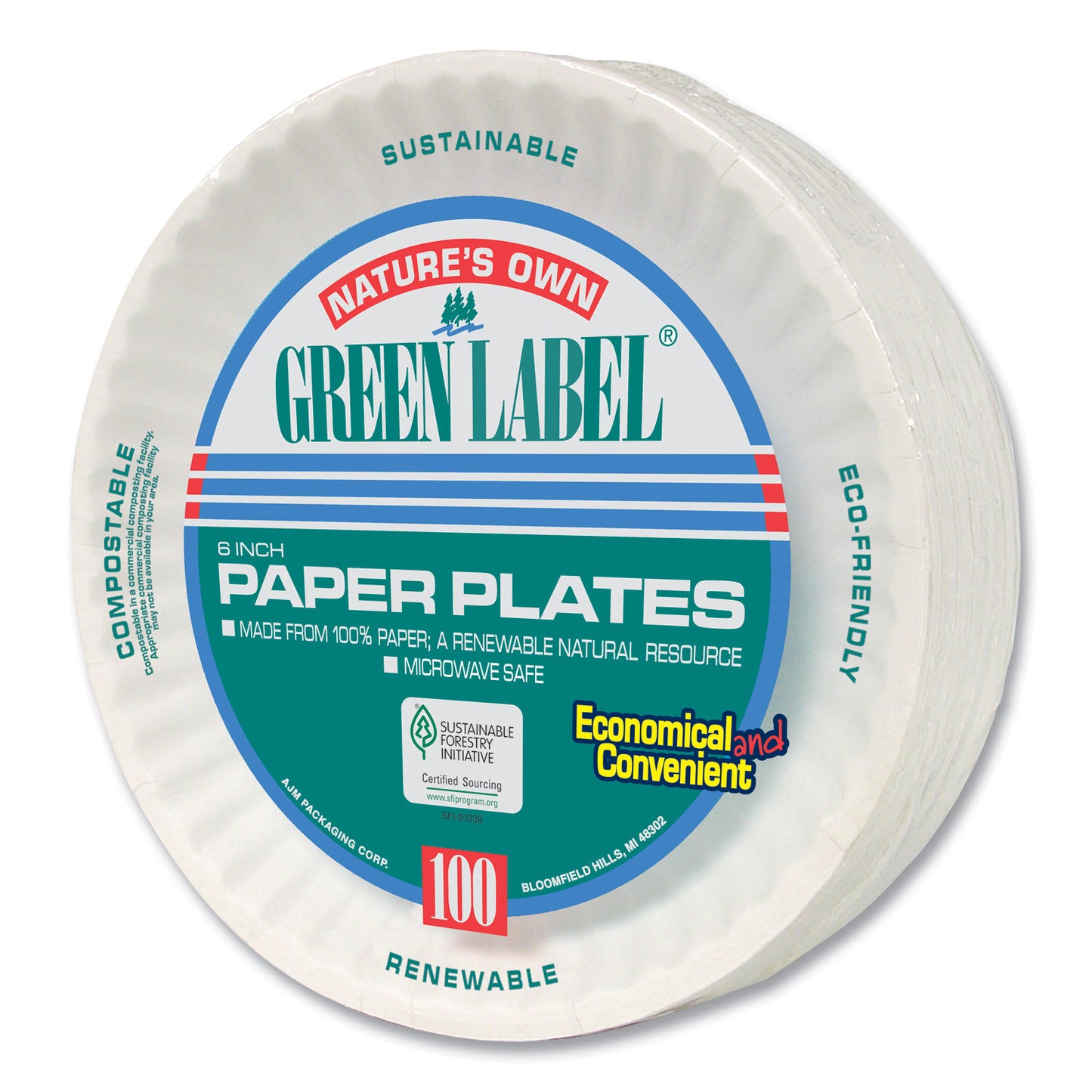 AJM White Paper Plates, 6" dia, 100/Pack, 10 Packs/Carton (PP6GREWH)