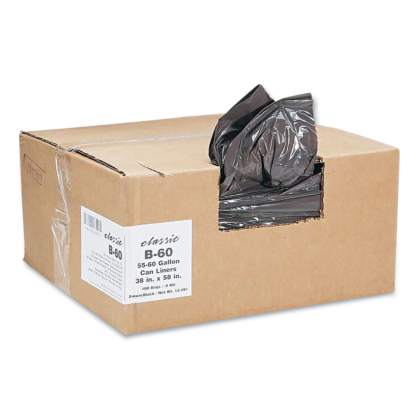 Classic Linear Low-Density Can Liners, 60 gal, 0.9 mil, 38" x 58", Black, 10 Bags/Roll, 10 Rolls/Carton (B60790196)