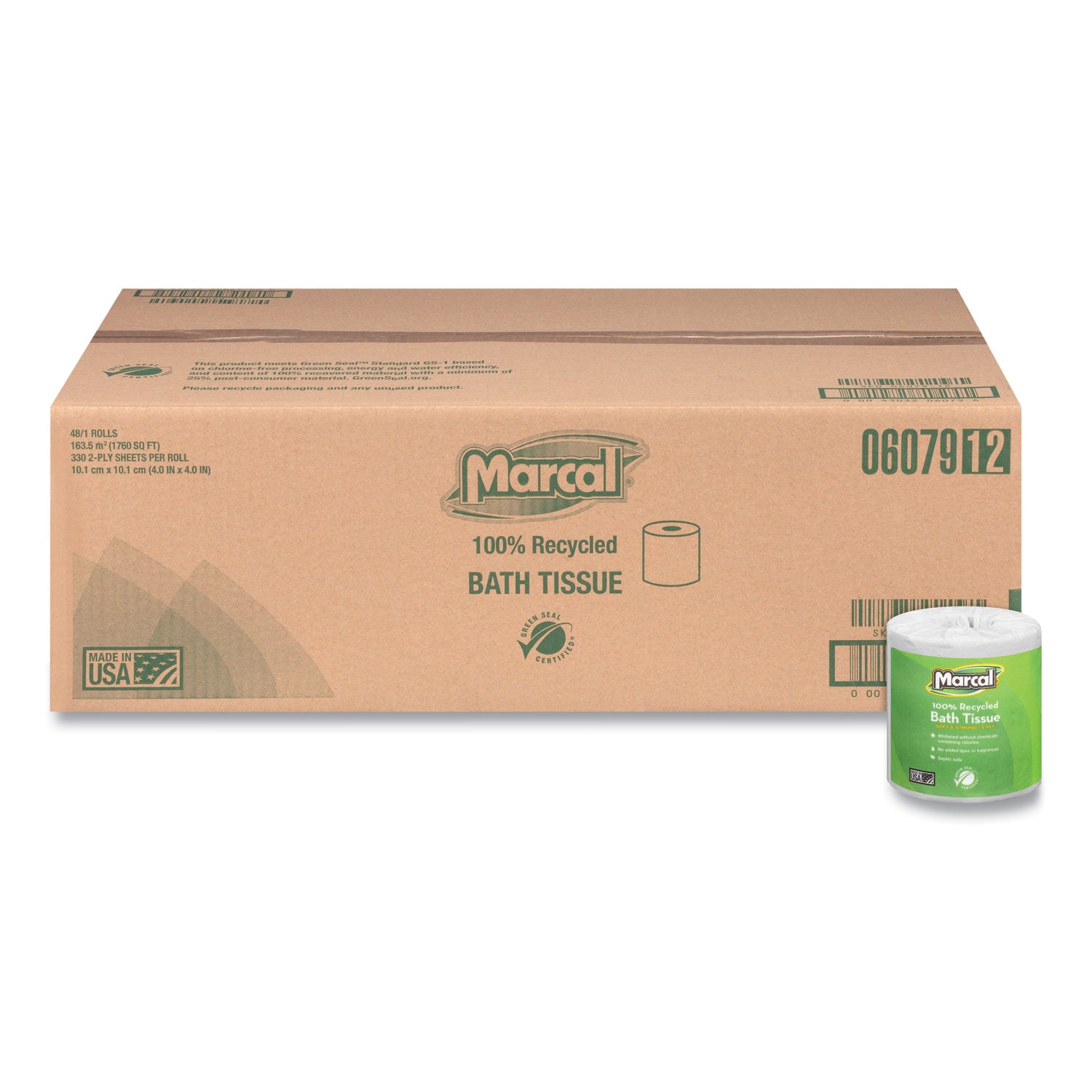 Marcal 100% Recycled 2-Ply Bath Tissue, Septic Safe, Individually Wrapped Rolls, White, 330 Sheets/Roll, 48 Rolls/Carton (6079)