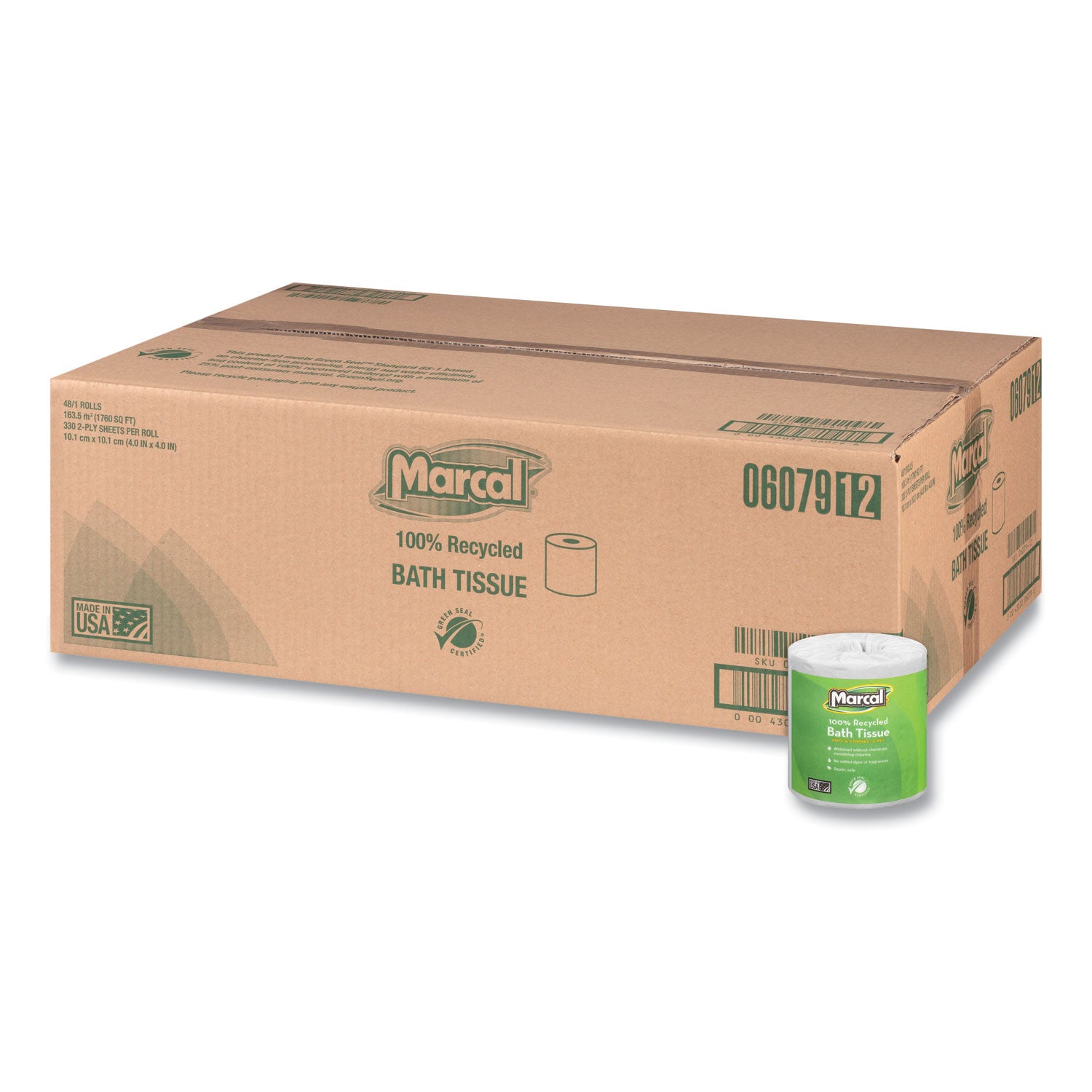 Marcal 100% Recycled 2-Ply Bath Tissue, Septic Safe, Individually Wrapped Rolls, White, 330 Sheets/Roll, 48 Rolls/Carton (6079)