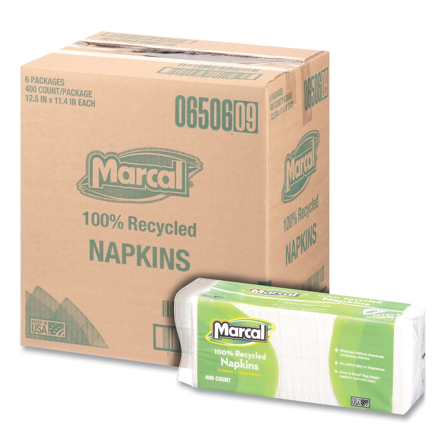 Marcal 100% Recycled Luncheon Napkins, 11.4 x 12.5, White, 400/Pack, 6PK/CT (6506)