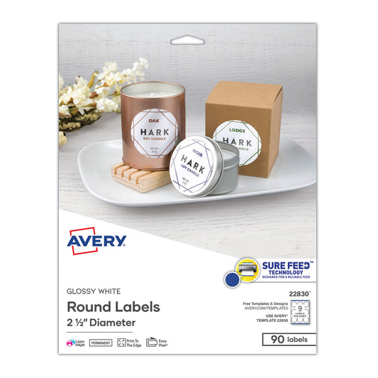 Avery Round Print-to-the Edge Labels with SureFeed, 2.5" dia, Glossy White, 90/PK (22830)