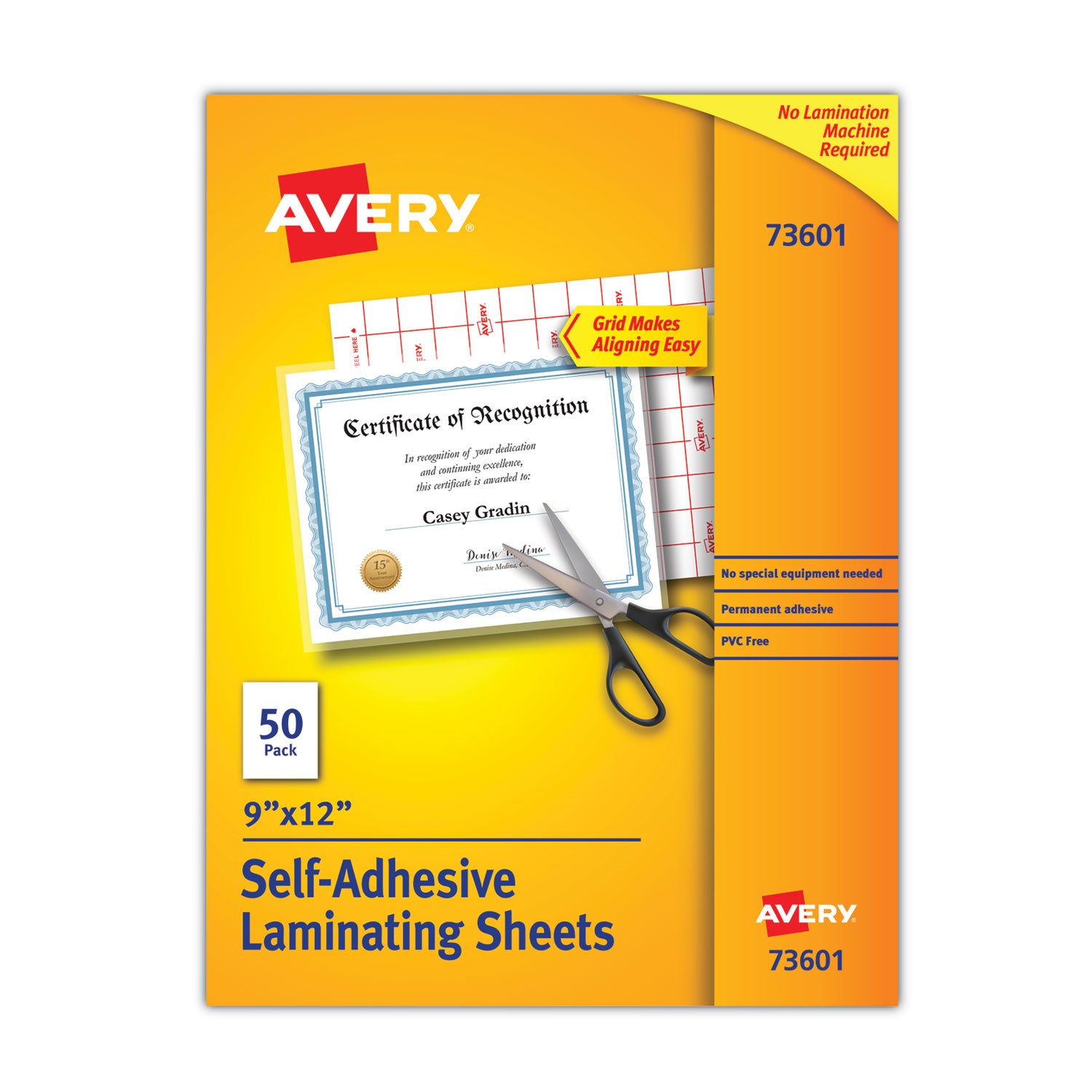 Avery Clear Self-Adhesive Laminating Sheets, 3 mil, 9" x 12", Matte Clear, 50/Box (73601)