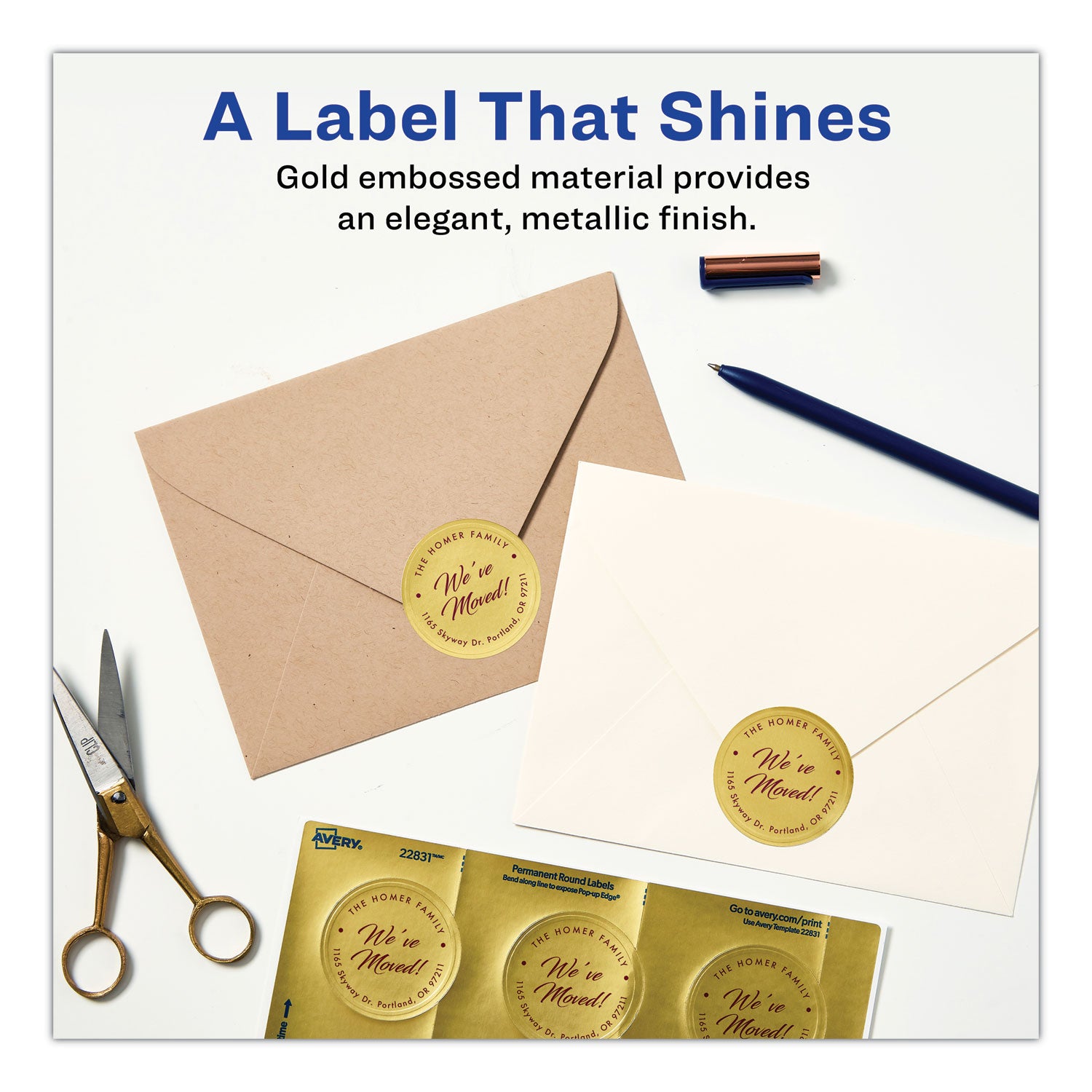 Avery Round Labels, Inkjet Printers, 2" dia, Gold, 12/Sheet, 8 Sheets/Pack (22831)