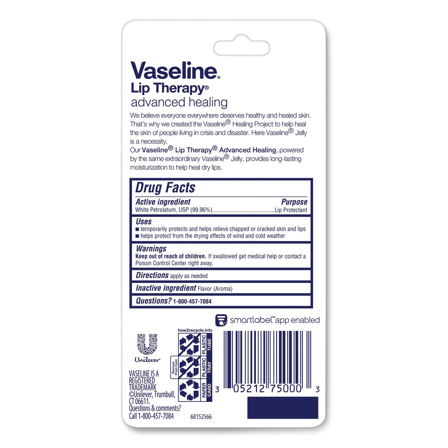 Vaseline Lip Therapy Advanced Lip Balm, Original, 0.35 oz Tube, 72/Carton (75000CT)