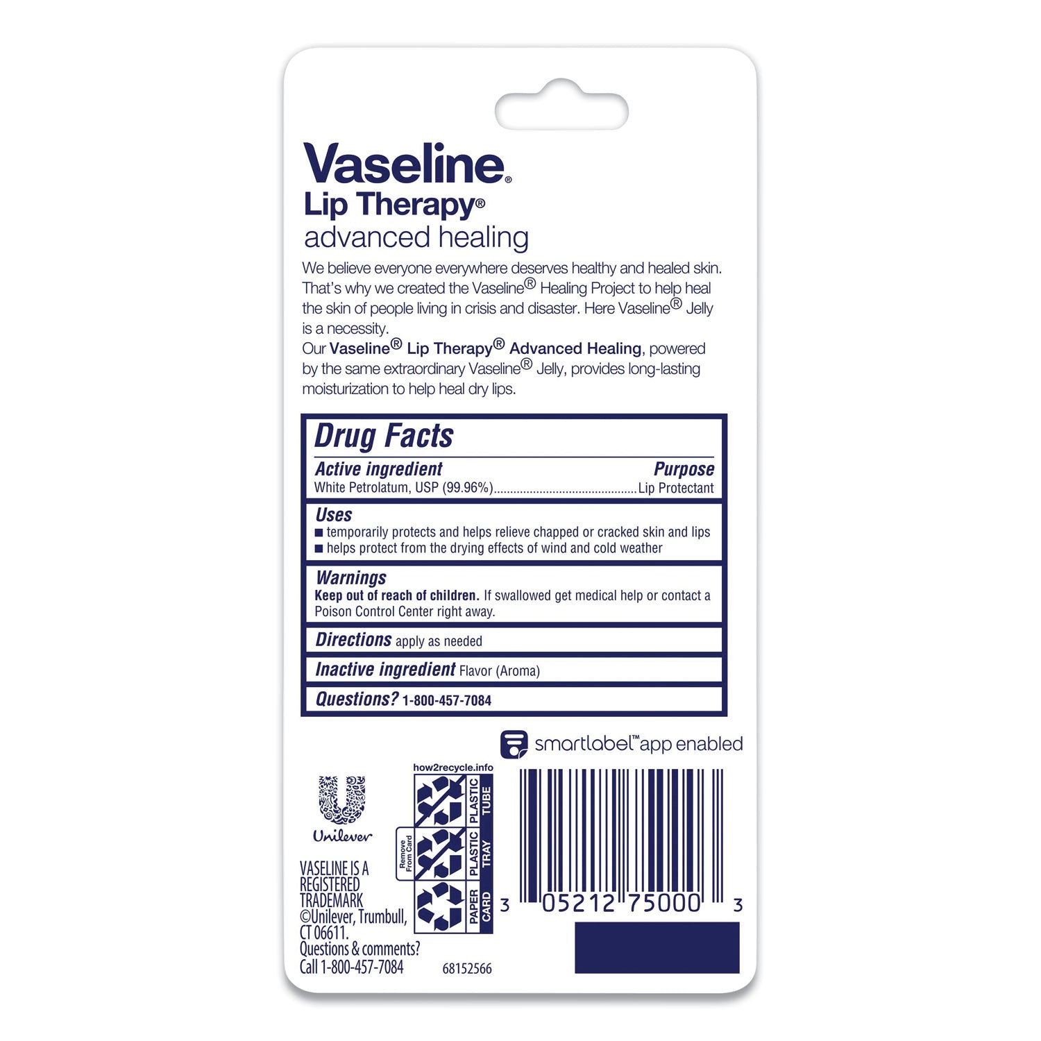 Vaseline Lip Therapy Advanced Lip Balm, Original, 0.35 oz Tube (75000EA)