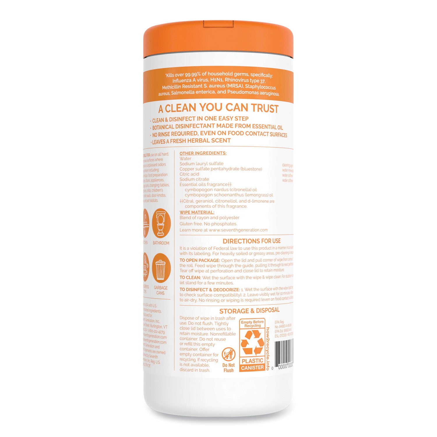 Seventh Generation Botanical Disinfecting Wipes, 7 x 8, Lemongrass Citrus, White, 35 Wipes (22812EA)