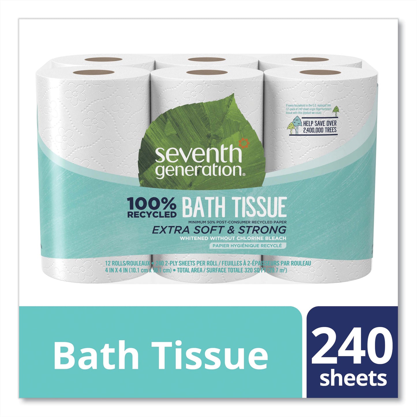 Seventh Generation 100% Recycled Bathroom Tissue, Septic Safe, 2-Ply, White, 240 Sheets/Roll, 12 Rolls/Pack, 4 Packs/Carton (13733CT)