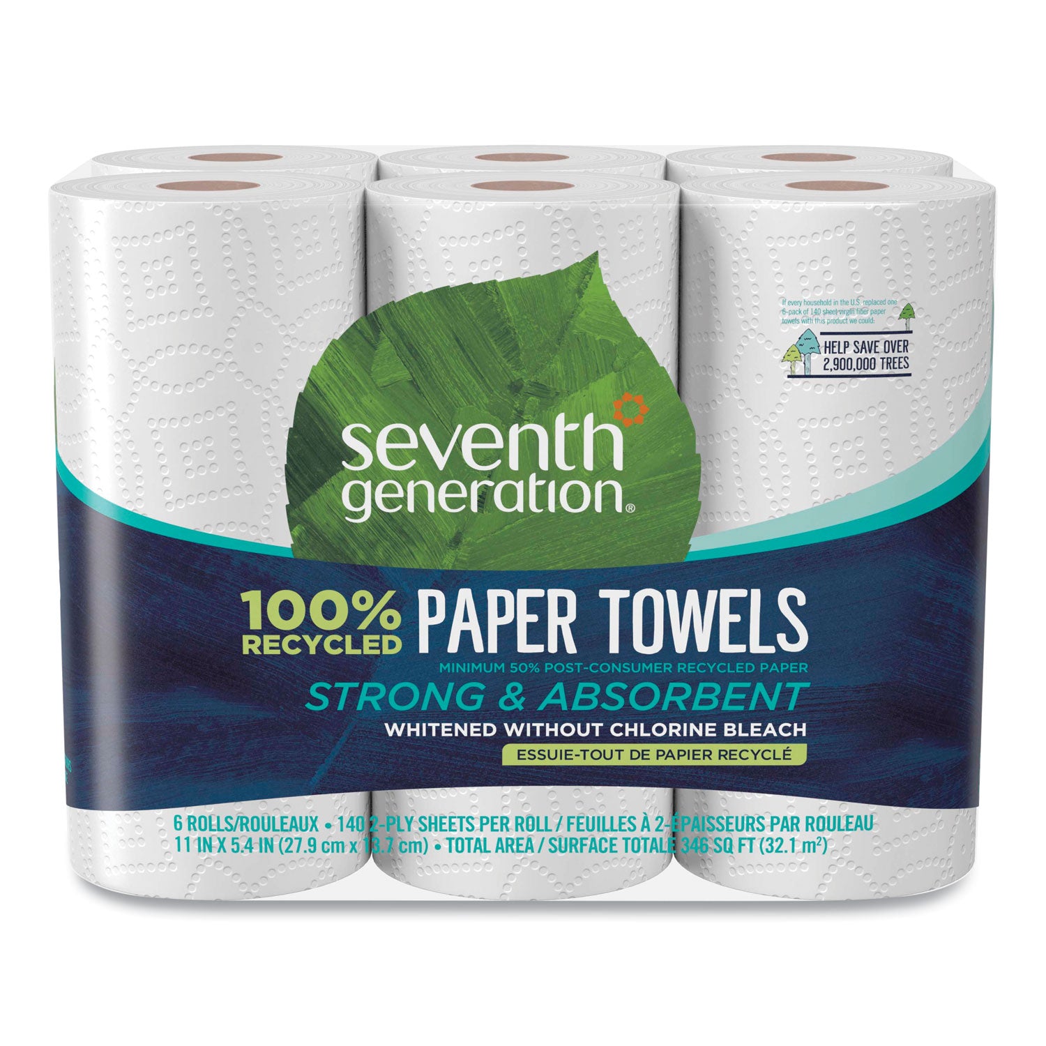 Seventh Generation 100% Recycled Paper Kitchen Towel Rolls, 2-Ply, 11 x 5.4, 140 Sheets/Roll, 6 Rolls/Pack (13731PK)