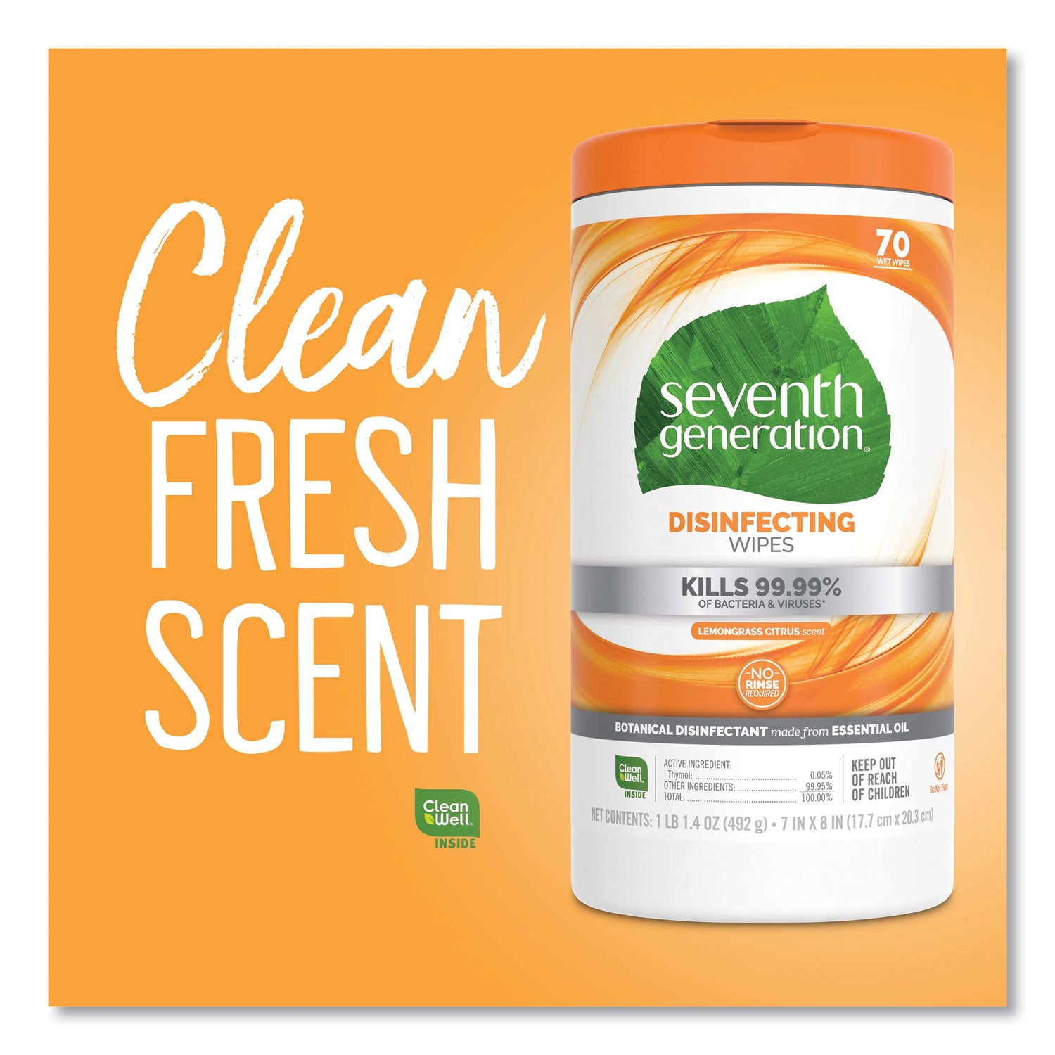 Seventh Generation Botanical Disinfecting Wipes, 7 x 8, Lemongrass Citrus, 70 Count, 6/Carton (22813CT)