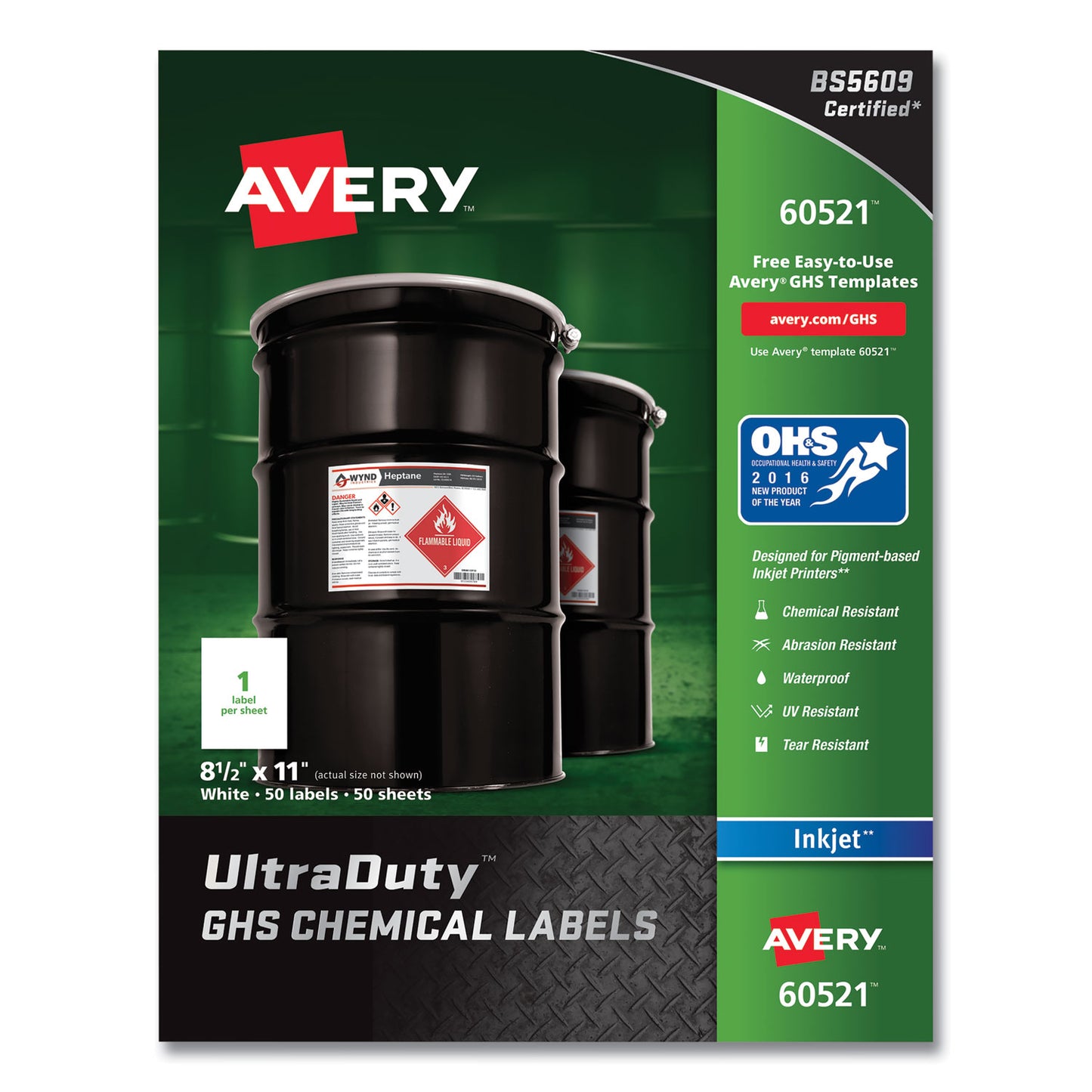 Avery UltraDuty GHS Chemical Waterproof and UV Resistant Labels, 8.5 x 11, White, 50/Pack (60521)