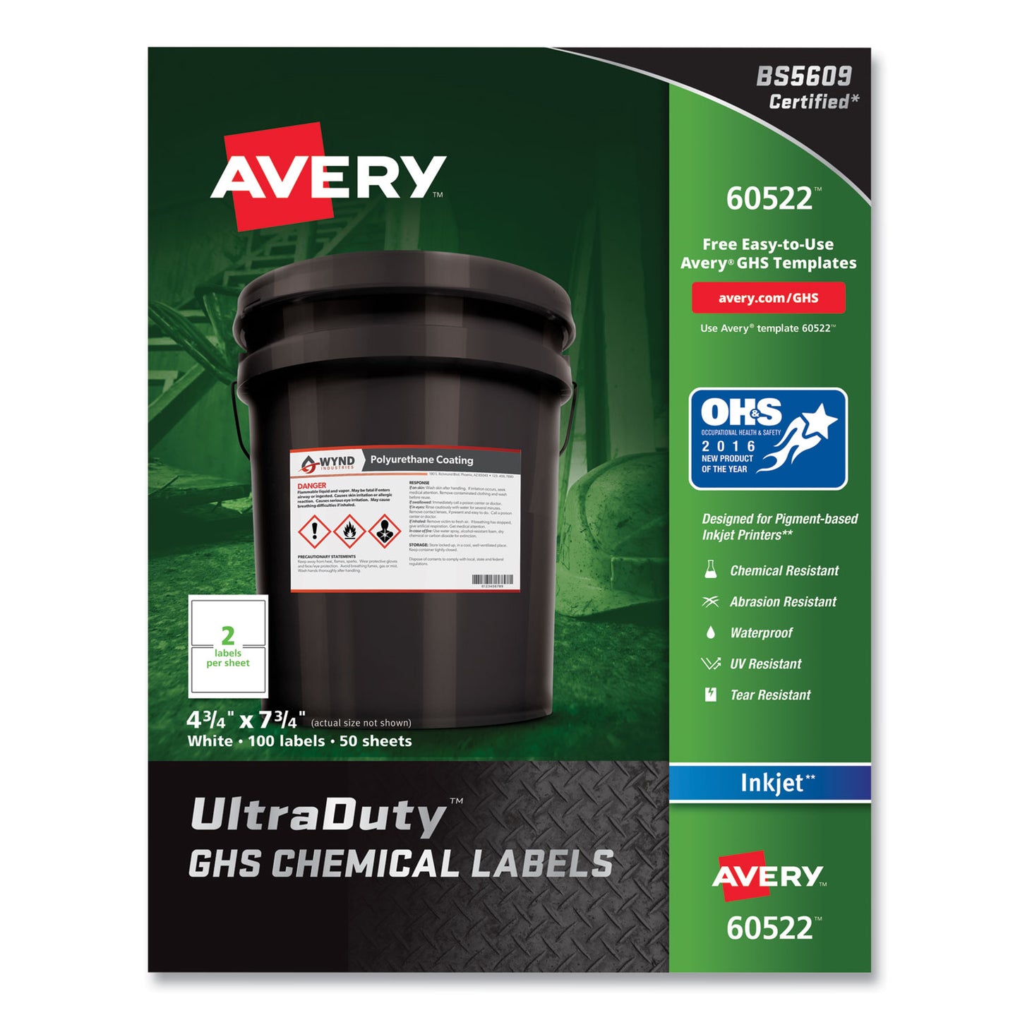 Avery UltraDuty GHS Chemical Waterproof and UV Resistant Labels, 4.75 x 7.75, White, 2/Sheet, 50 Sheets/Pack (60522)