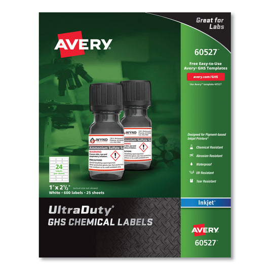 Avery UltraDuty GHS Chemical Waterproof and UV Resistant Labels, 1 x 2.5, White, 24/Sheet, 25 Sheets/Pack (60527)