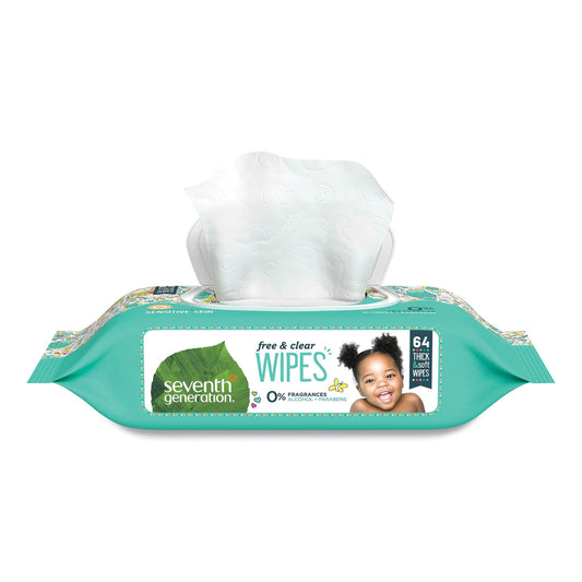 Seventh Generation Free and Clear Baby Wipes, 7 x 7, Unscented, White, 64/Flip Top Pack, 12 Packs/Carton (34208CT)