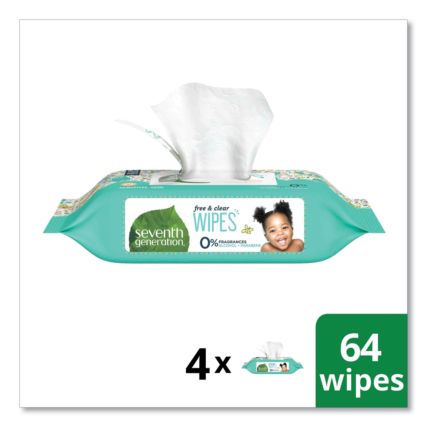 Seventh Generation Free and Clear Baby Wipes, 7 x 7, Refill, Unscented, White, 256/Pack, 3 Packs/Carton (34219CT)