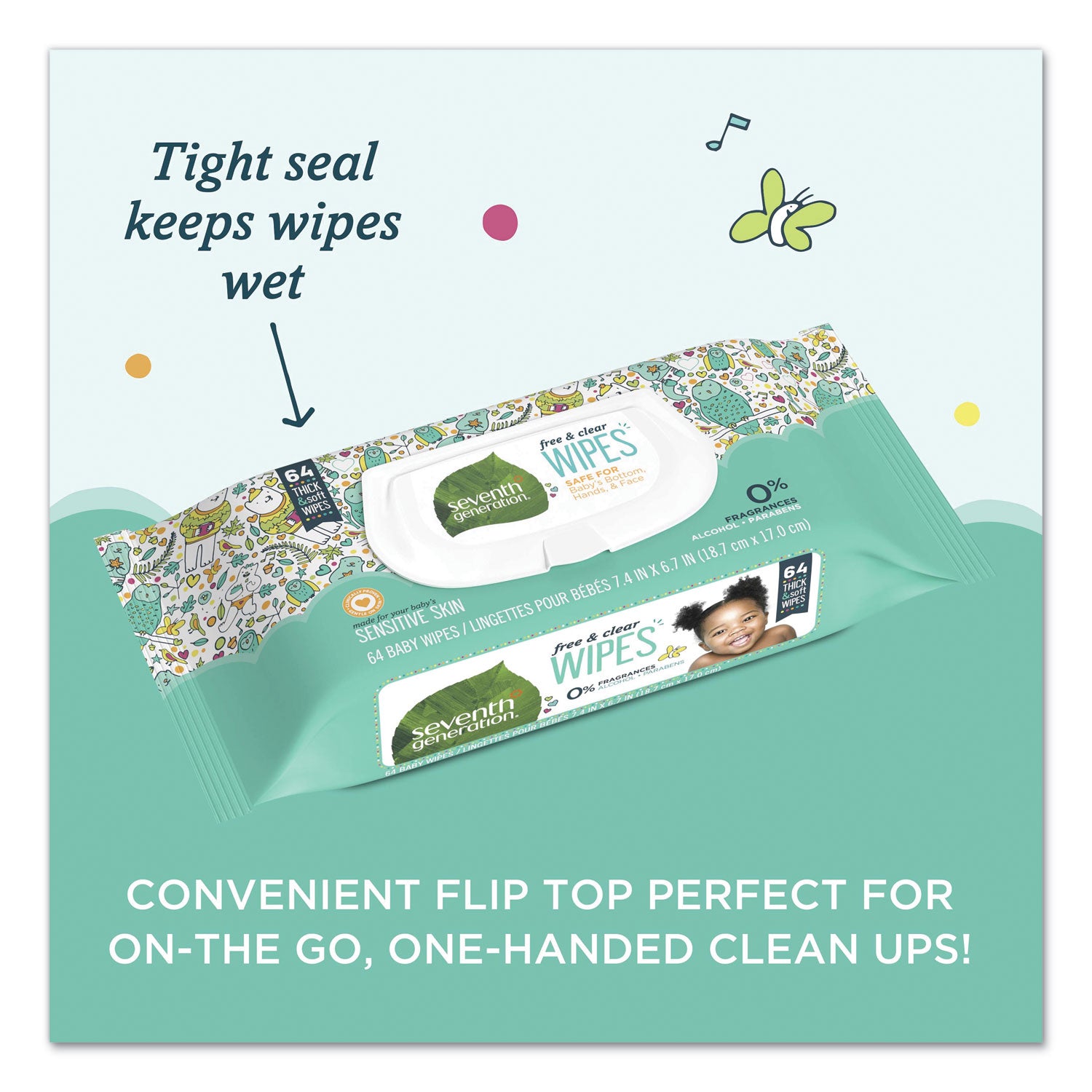 Seventh Generation Free and Clear Baby Wipes, 7 x 7, Unscented, White, 64/Flip Top Pack, 12 Packs/Carton (34208CT)