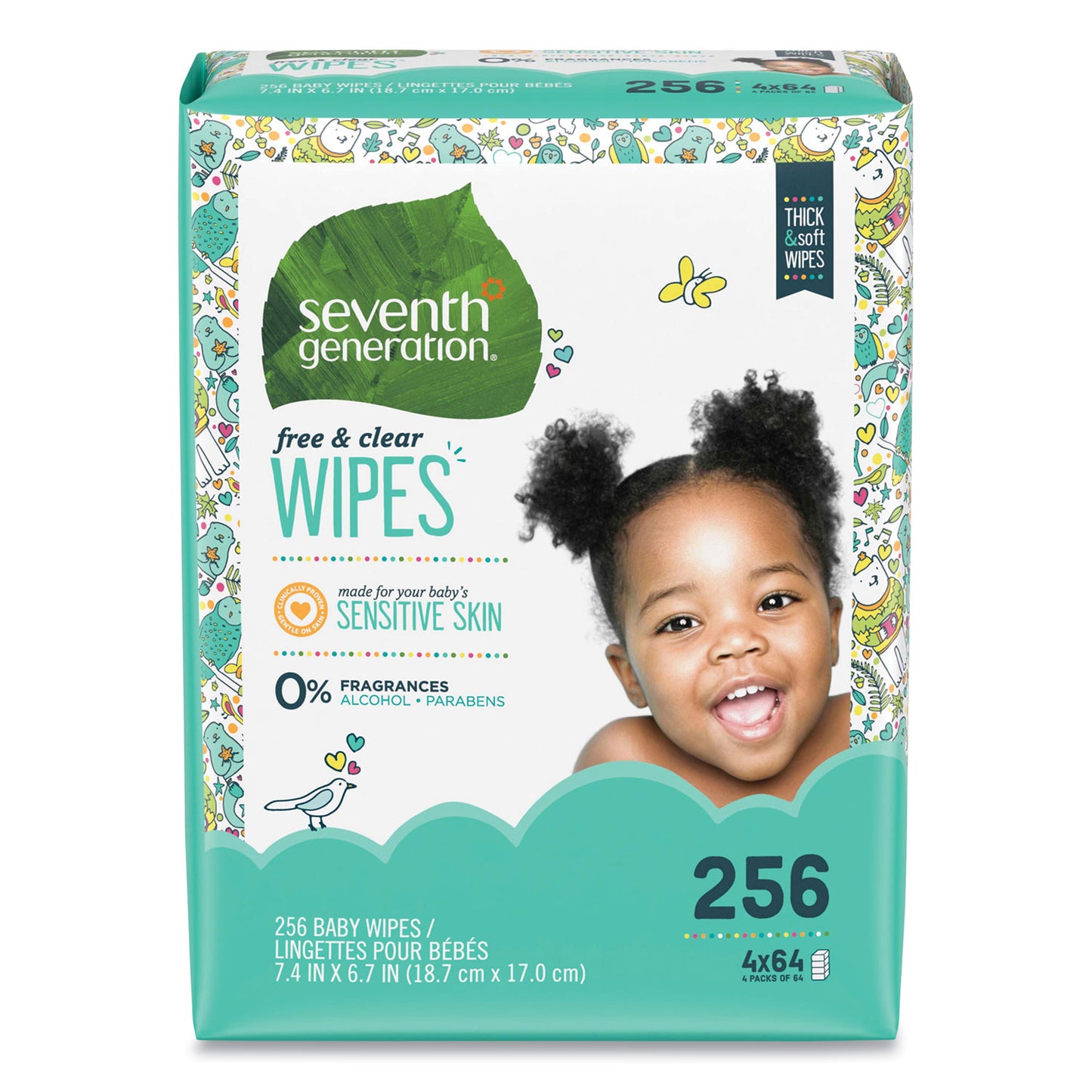 Seventh Generation Free and Clear Baby Wipes, 7 x 7, Refill, Unscented, White, 256/Pack, 3 Packs/Carton (34219CT)