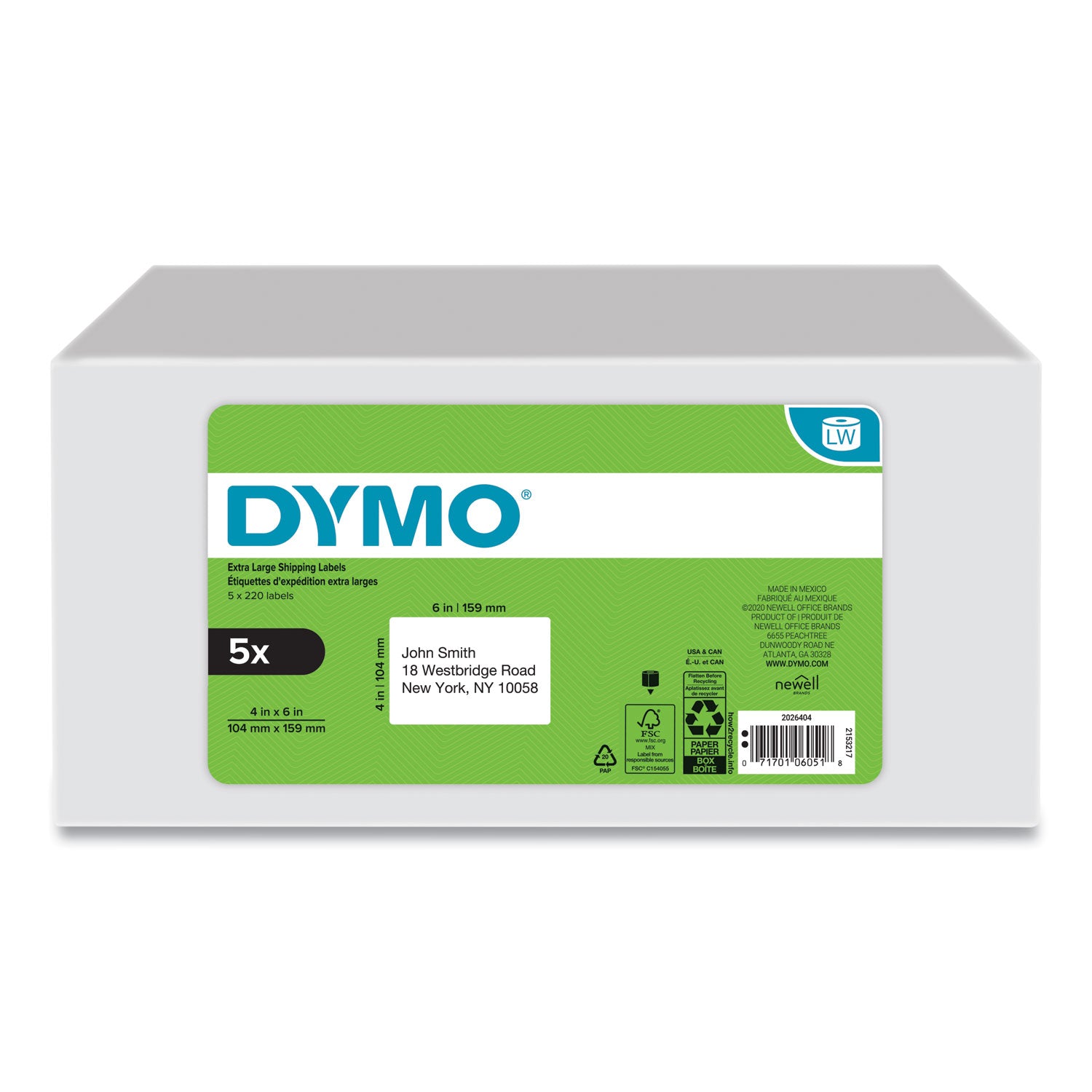 DYMO LW Extra-Large Shipping Labels, 4" x 6", White, 220 Labels/Roll, 5 Rolls/Pack (2026404)