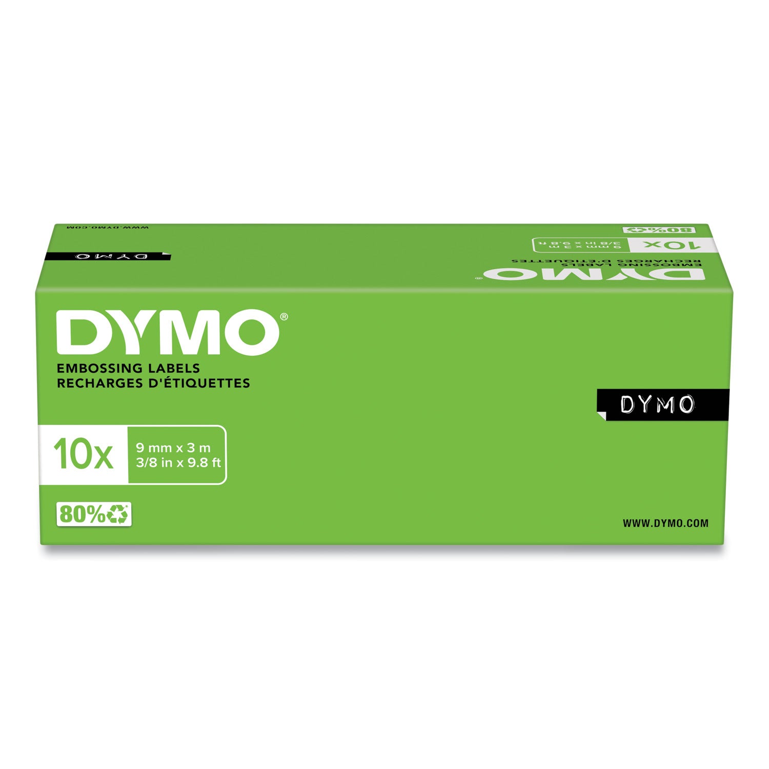 DYMO Self-Adhesive Glossy Labeling Tape for Embossers, 0.37" x 9.8 ft Roll, Black (520109)