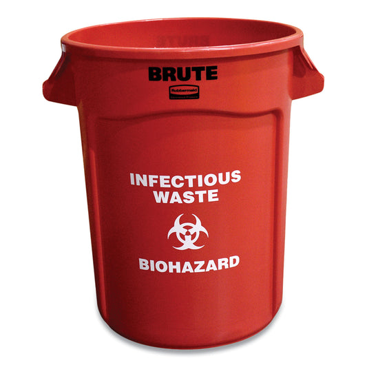 Rubbermaid Commercial Vented Round Brute Container, "Infectious Waste: Biohazard" Imprint, 32 gal, Plastic, Red (263294RED)