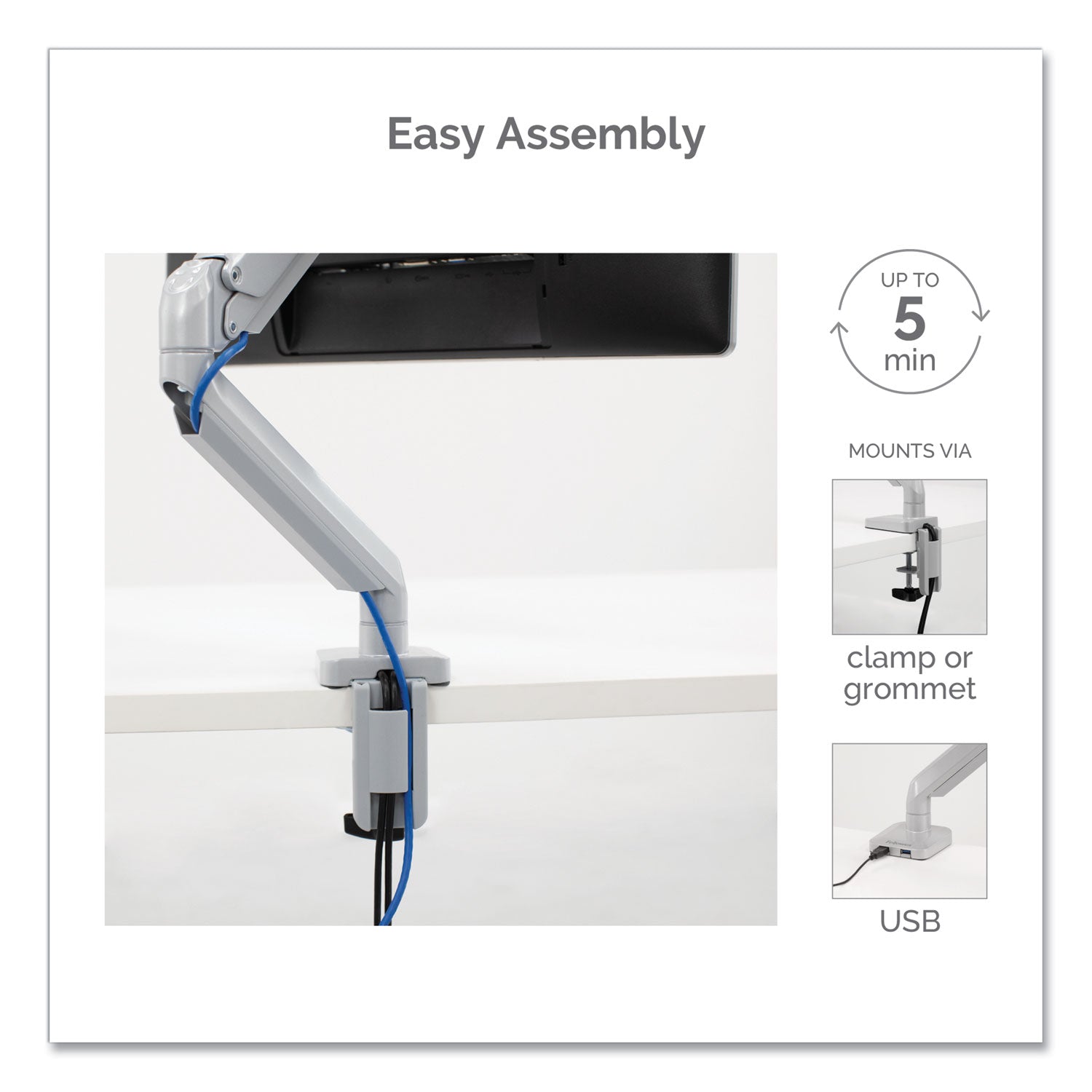 Fellowes Platinum Series Single Monitor Arm, For 27" Monitors, 360 deg Rotation, 45 deg Tilt, 180 deg Pan, Silver, Supports 20 lb (8056401)