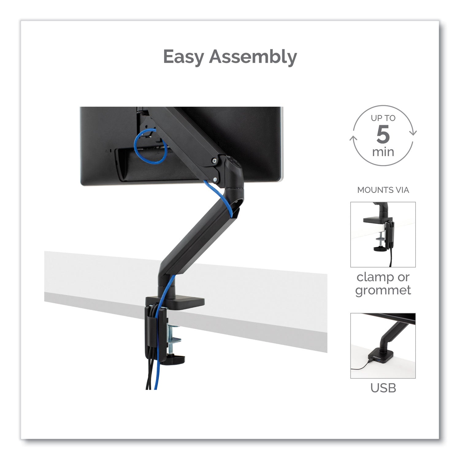 Fellowes Platinum Series Single Monitor Arm, For 30" Monitors, 360 deg Rotation, 180 deg Tilt, 360 deg Pan, Black, Supports 20 lb (8043301)