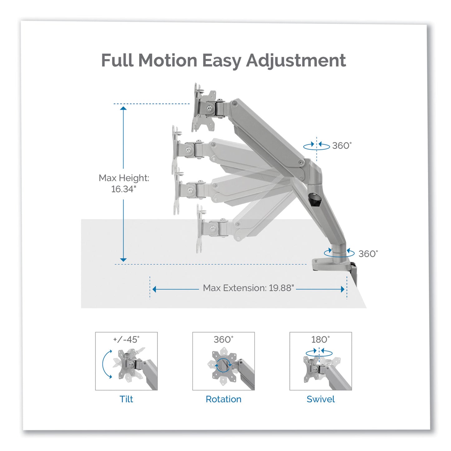 Fellowes Platinum Series Single Monitor Arm, For 27" Monitors, 360 deg Rotation, 45 deg Tilt, 180 deg Pan, Silver, Supports 20 lb (8056401)