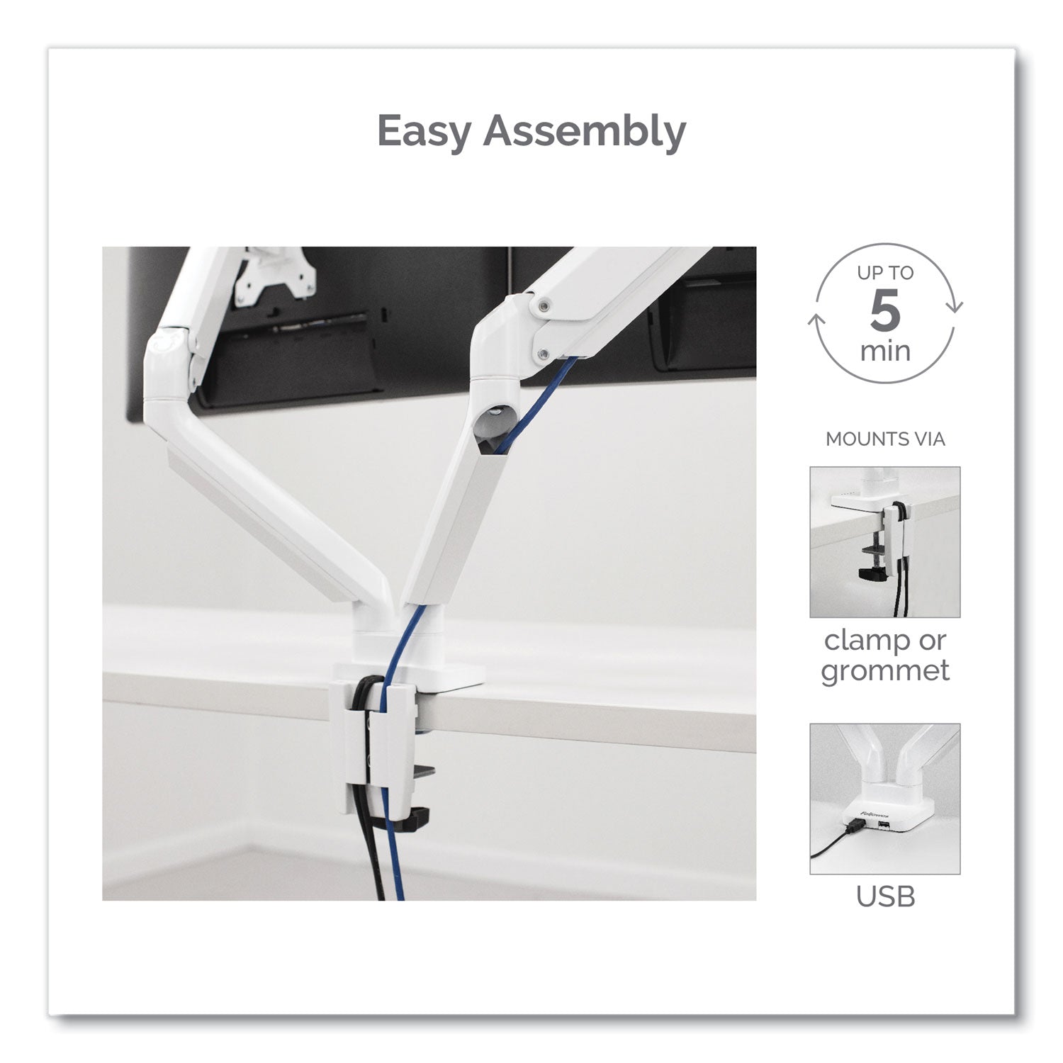 Fellowes Platinum Series Dual Monitor Arm, For 27" Monitors, 360 deg Rotation, 45 deg Tilt, 180 deg Pan, White, Supports 20 lb (8056301)