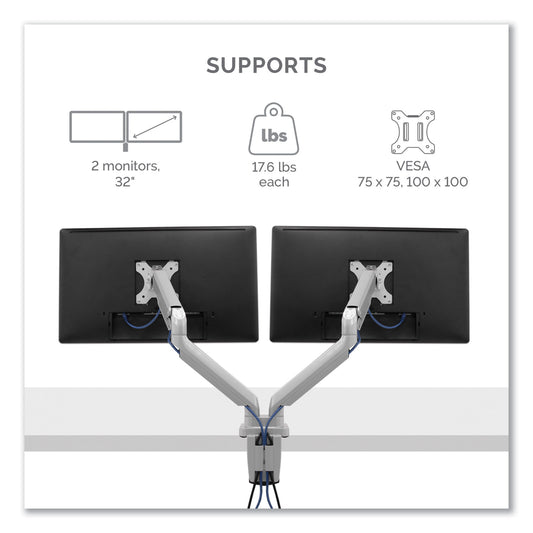 Fellowes Platinum Series Dual Monitor Arm, For 27" Monitors, 360 deg Rotation, 45 deg Tilt, 180 deg Pan, Silver, Supports 20 lb (8056501)