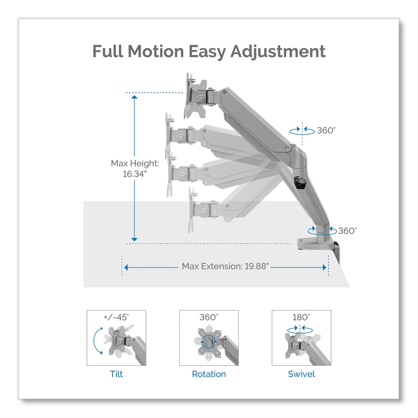 Fellowes Platinum Series Dual Monitor Arm, For 27" Monitors, 360 deg Rotation, 45 deg Tilt, 180 deg Pan, Silver, Supports 20 lb (8056501)